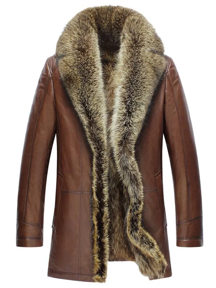 Mens Winter Cowhide Coat Real Raccoon Fur Collar Men's Genuine Leather Jacket Liner Jackets XXL