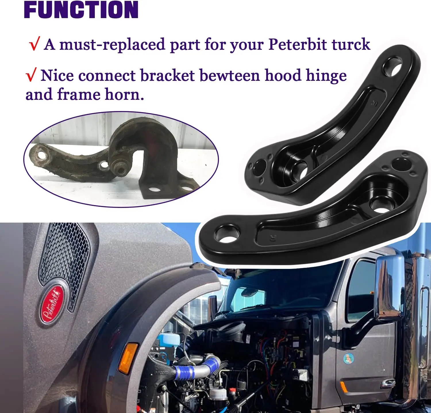 TENG MILE 13-04626 Hood Hinge Pivot Bushing Bracket Kit for Peterbilt 379 378 Truck Accessories