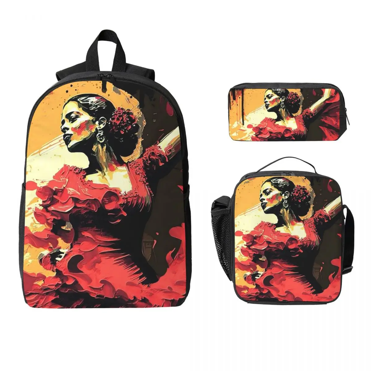 Vibrant Flamenco Dancer Backpack Student BookBag School Bag Laptop Shoulder Bags 3ps Insulated Lunch Bag Pencil Case