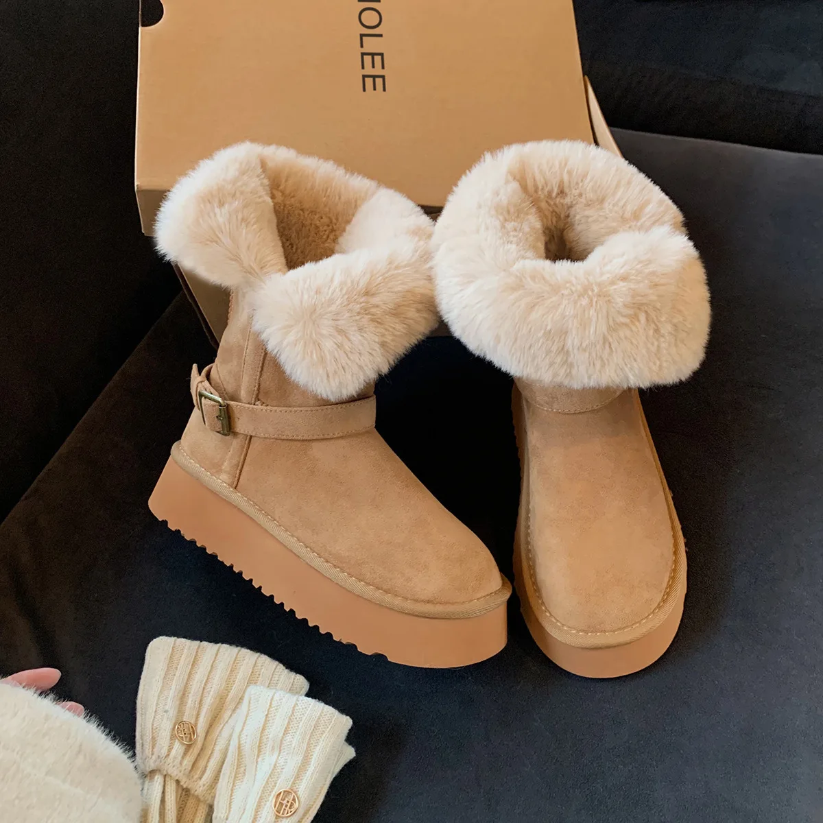 

Fashion Metal Belt Buckle Fur Snow Boots Women 2025 Winter Warm Furry Ankle Boots Fashion Non Slip Thick Bottom Booties Size gif