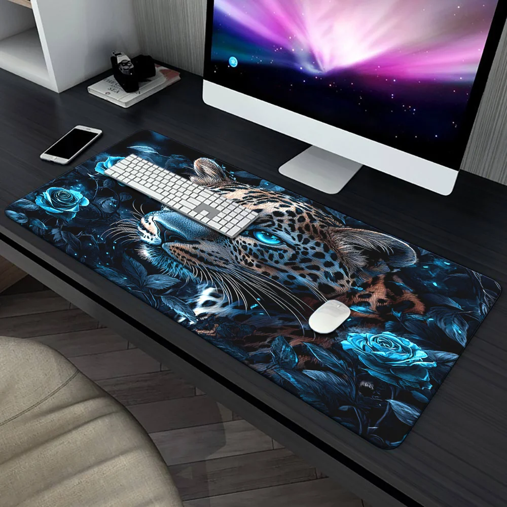 

1PC XXL Blue Flowers & Leopard Print Gaming Mouse Pad, Non-Slip Rubber Base Desk Mat for Office & Home Decor