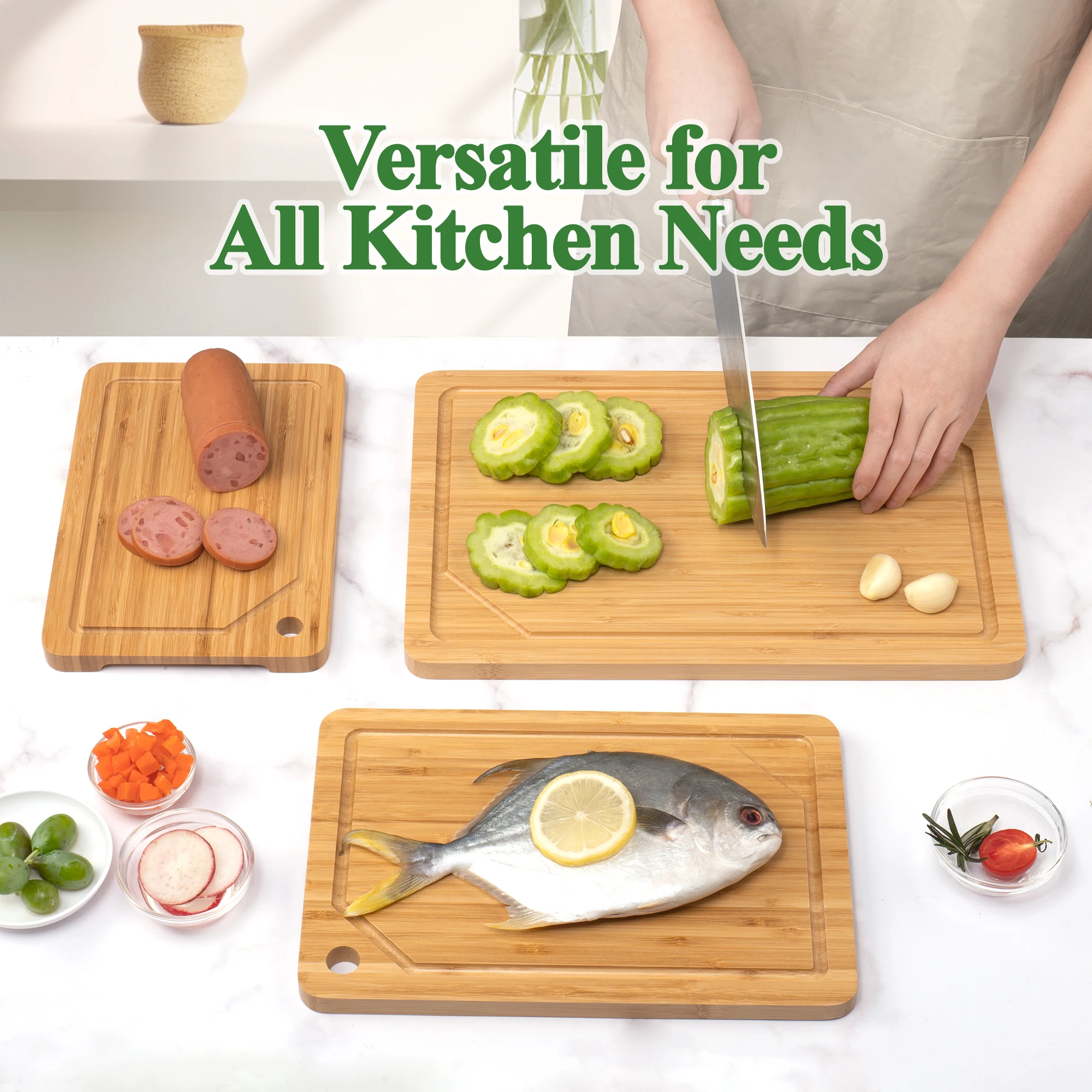 Three-Piece Bamboo Cutting Board Set for Slicing Fruits and Vegetables Cooked Food Breakfast Plates with Juice Grooves And Racks