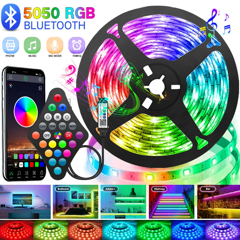 5050 RGB 블루투스 LED 스트립 조명, 1m-30m, 5V USB LED 스트립, TV 백라이트, 방 장식, LED 테이프, 다이오드, 유연한 리본, WS2812B