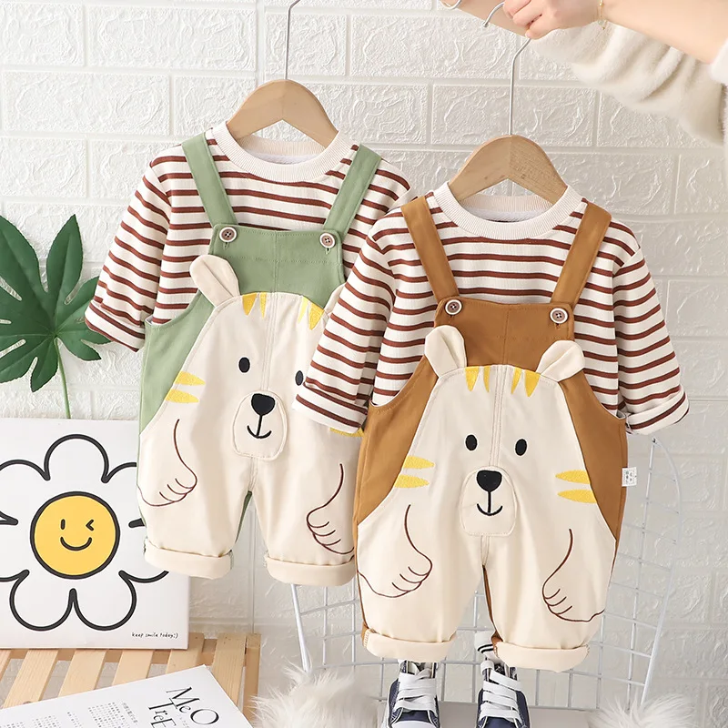 

Cartoon Boys Clothing Sets Spring Autumn Cotton Baby Striped T-shirt + Suspenders 2Pcs Outfit Casual Baby Sets