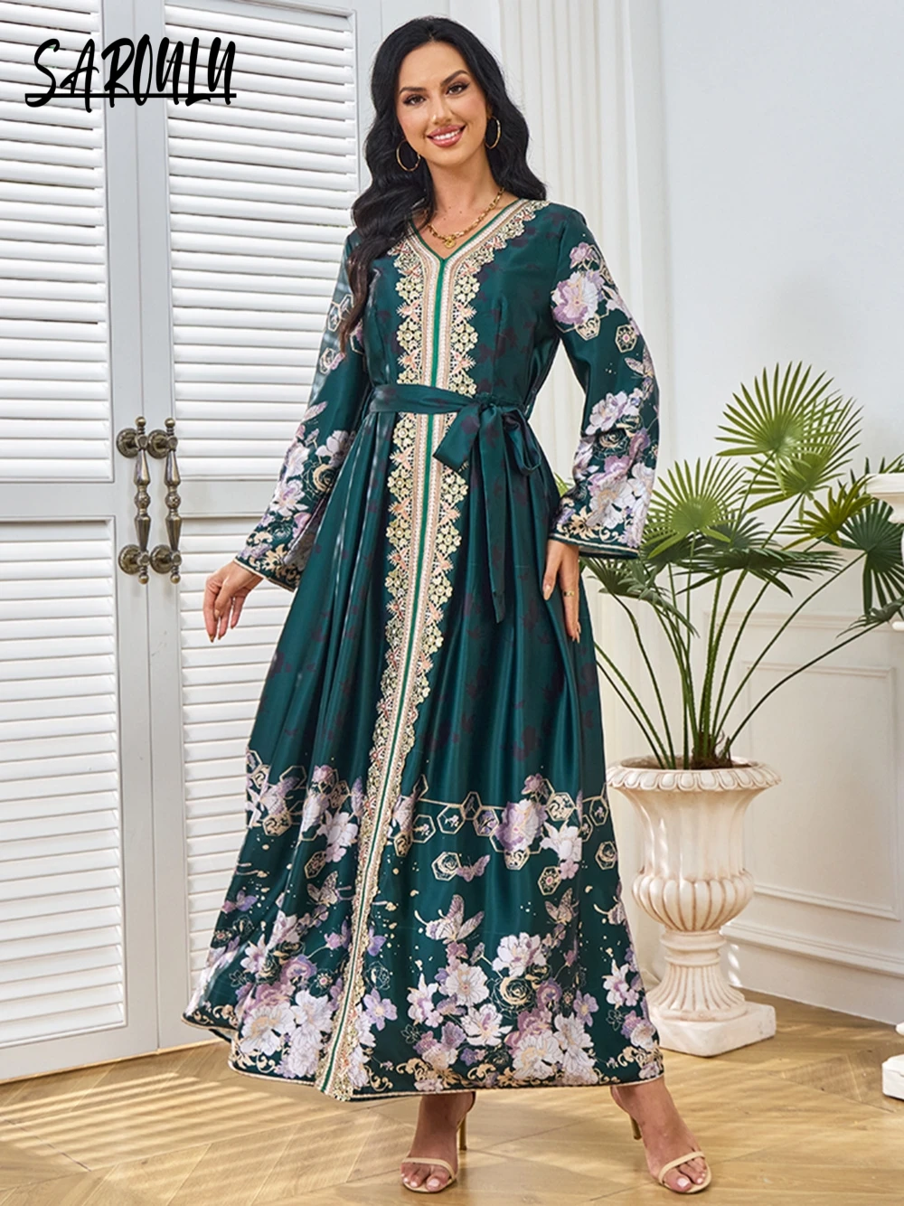 

Modest Dubai Women Evening Dress Abaya Green Long Sleeves Formal Banquet Kaftan Prom Muslim A Line Party Robe Customized