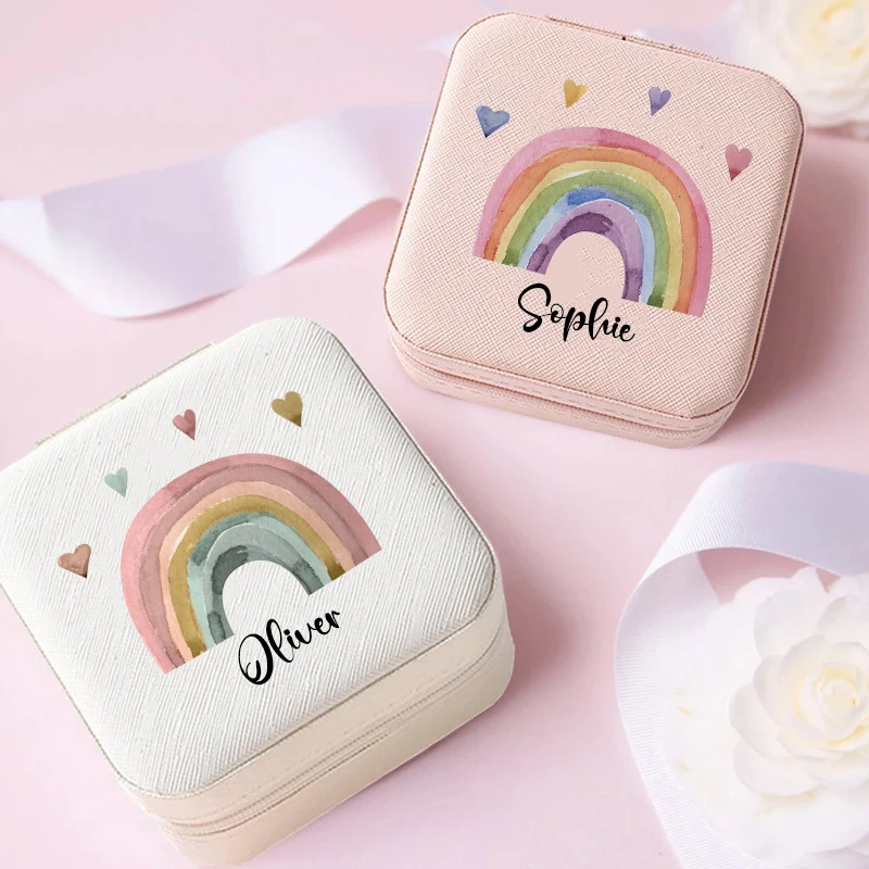 Personalized Jewelry Box Travel Jewelry Case with Name Mother's Day/Birthday/Holiday/Gifts Rainbow Ring Necklace Storage Boxes