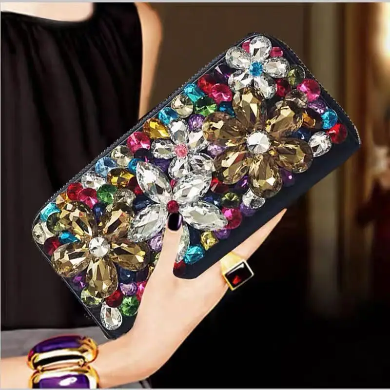 Multifunctional Women Wallet Genuine Cowhide Handbag Credit ID Card Holder Coin Pocket Crystal Rhinestones Diamond Clutch Purse
