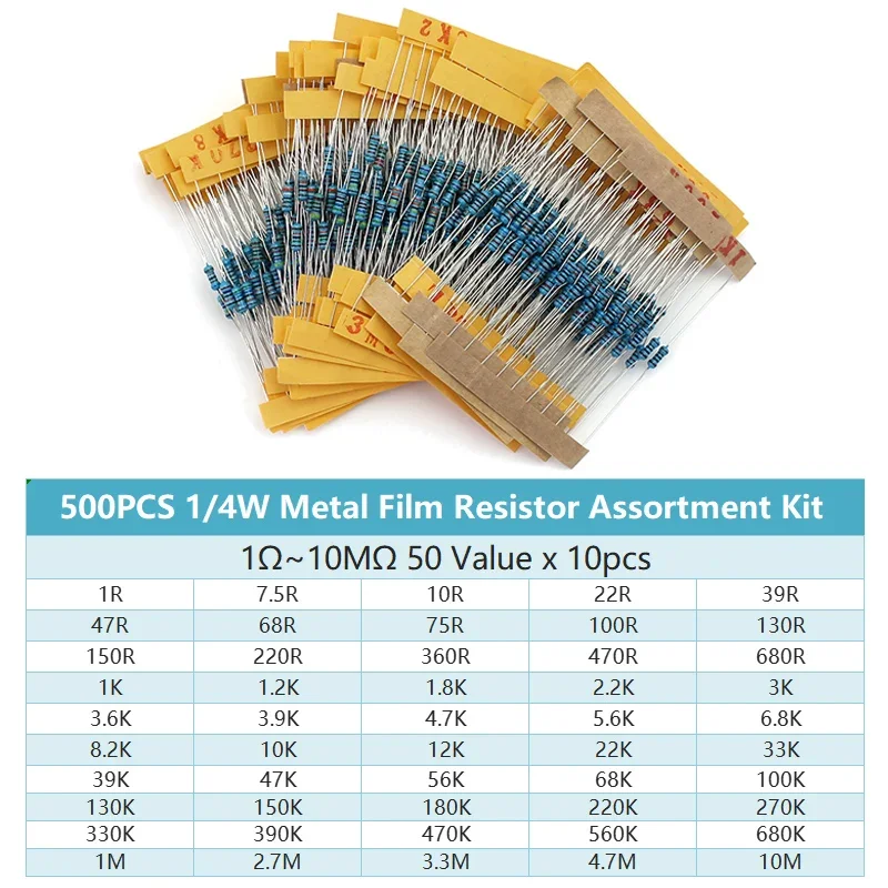 500pcs/lot 50 Values 1/4W Resistors Set Metal Film Resistor Assortment Kit 1ohm -10M Ohm Resistor Diy Electronic Kit