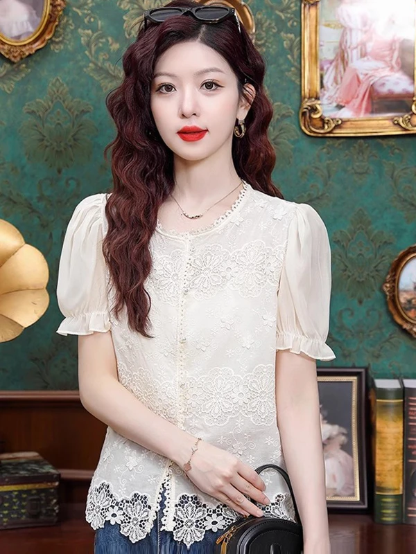 

Женская кружевная блузка с коротким рукавом, универсальная, модная, в корейском стиле, для повседневной носки, прямого кроя, однотонная, с круглым вырезом, стандартной длины.