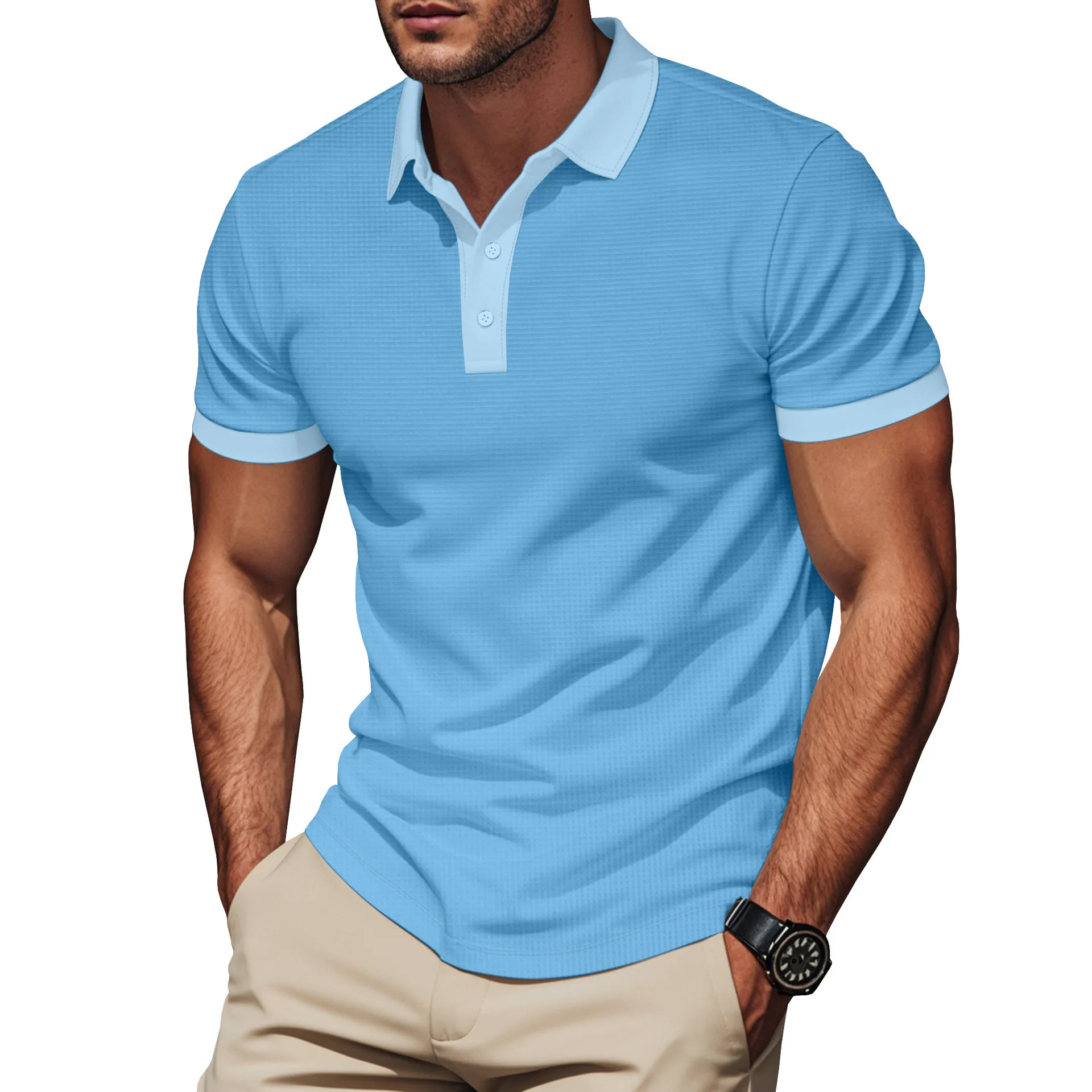 Men Solid Waffle Knit Polo Shirt, Short Sleeve Lapel Collar Button Placket Textured Breathable Casual