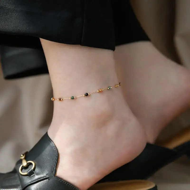 [HS]1Pc Natural Colored Stone Beads Anklet For Womens New Trend Fashion Thin Chain Anklet Jewelry Gift.