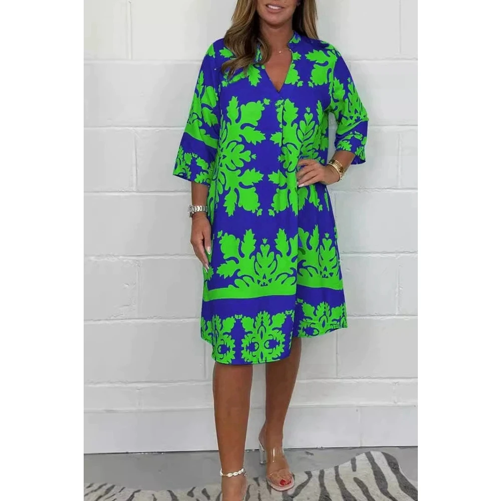 

Women Long Sleeve Summer Dress V-neck Midi Dress Robe Femme Casual Leaf Pint Loose Fit Dresses