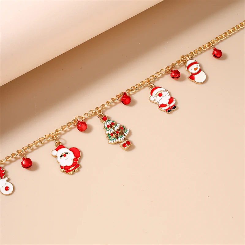 Modische Goldfarbene Ketten-Weihnachtshalskette für Frauen mit Weihnachtsmann-, Baum- und Schneemann-Anhänger, Festliche Schmuckgeschenke für Mädchen – Detail 5