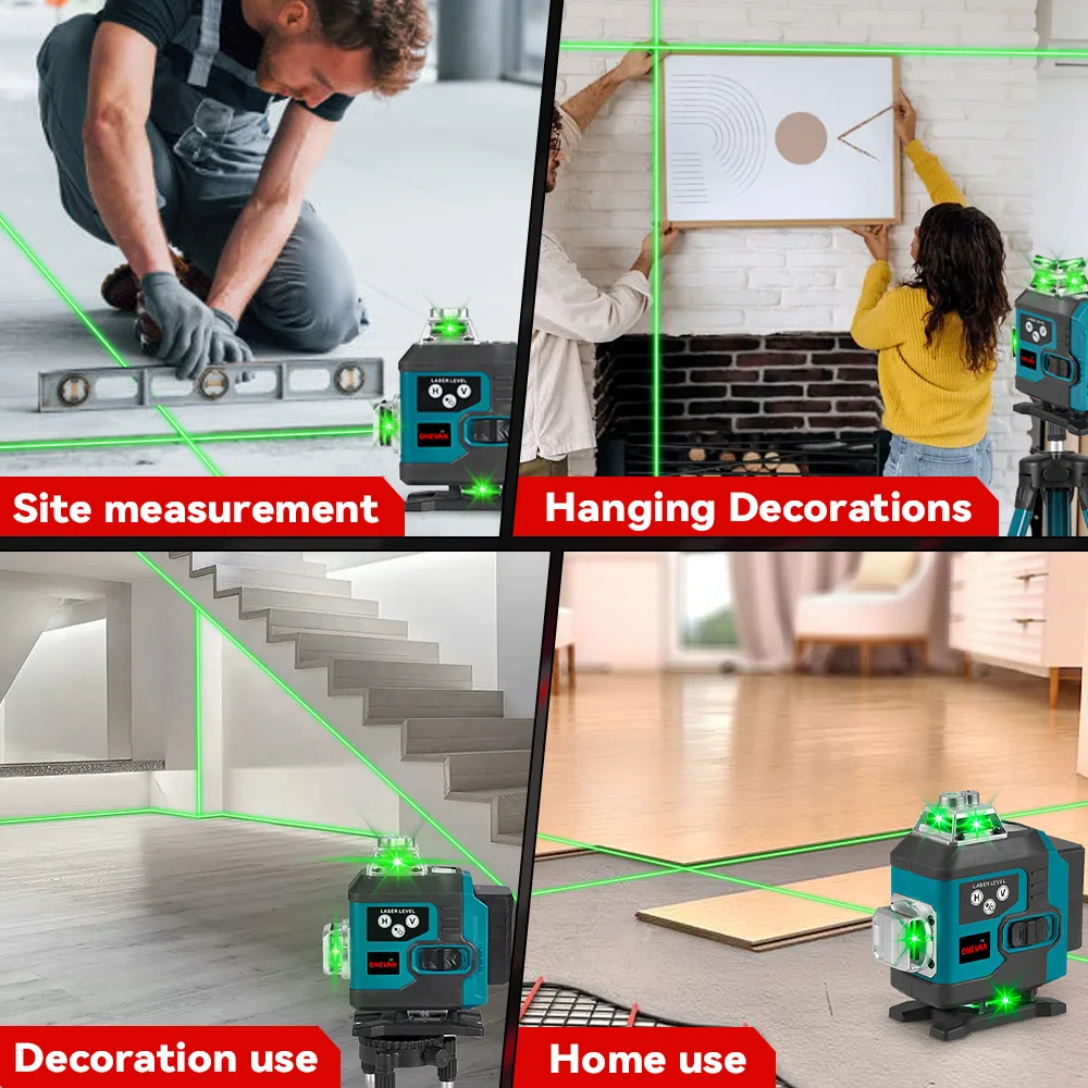 ONEVAN 16 Line Laser Level Green Line 4D SelfLeveling 360 Horizontal Vertical Li-ion Battery Remote Control Powerful Laser Level