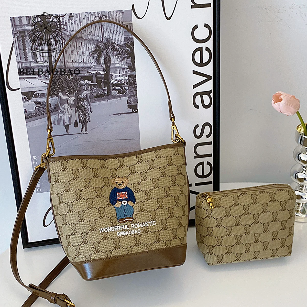 

Beibao Factory Bear Embroidery Tote Bag Set Женская съемная сумка на плечо для мамы и дочки Повседневная сумка через плечо для ежедневного использования