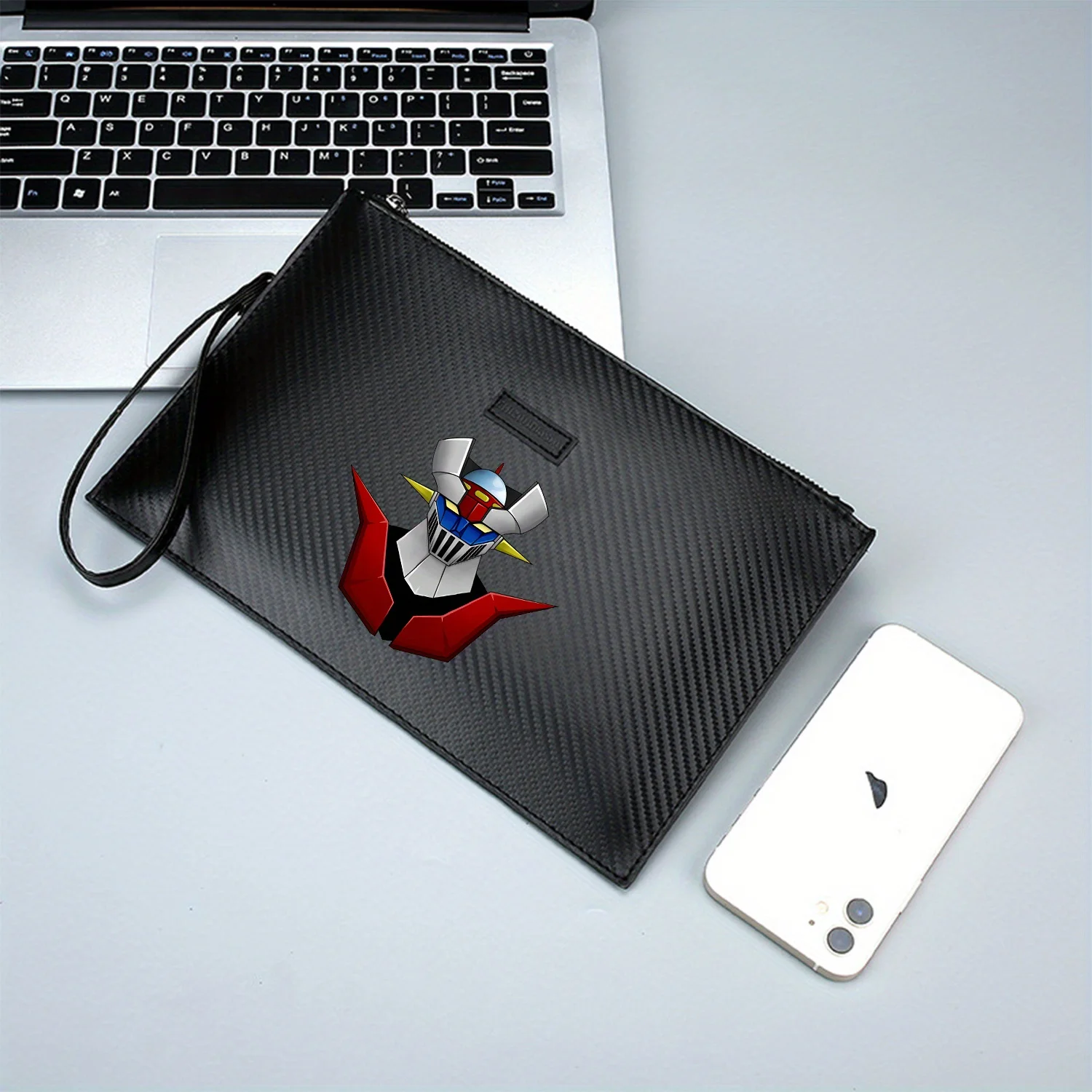 قناع أزرق برأس روبوت، قرون حمراء، حقيبة يد رجالية أنيقة مطبوعة من البولي يوريثان، عصرية وعملية للحمل اليومي