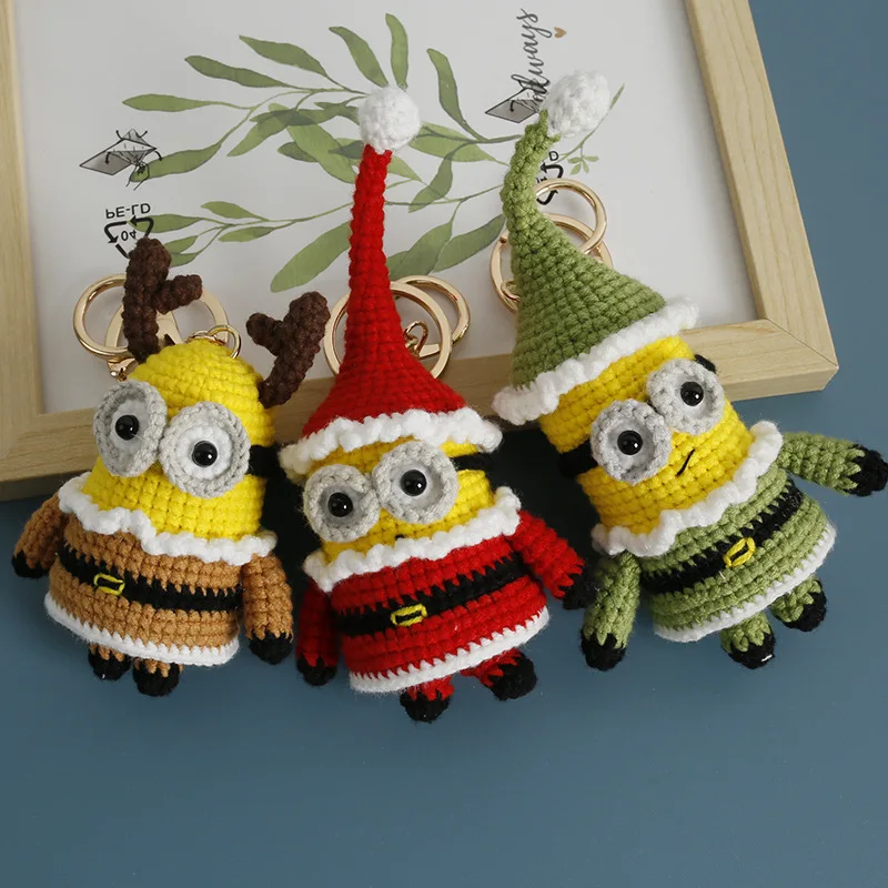 Cute Christmas Handmade Woven Big Eyed Doll Knitting Knitted Yellow Human Pendant With Yarn Hook Crochet Keychain Keys Bag