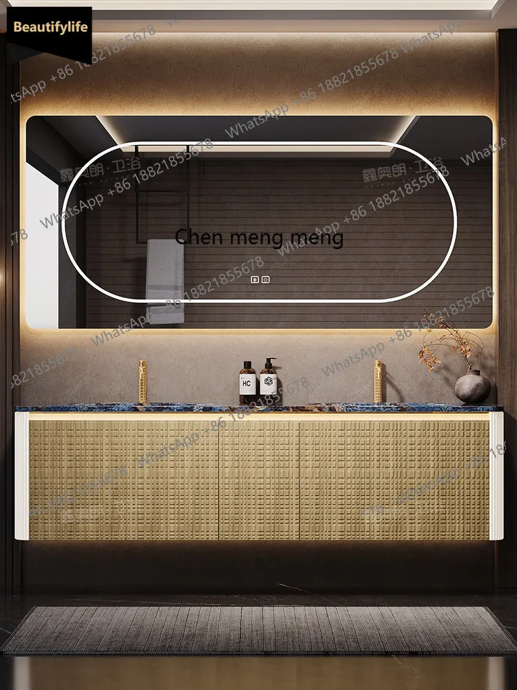 

Дизайнерская комбинация мебели для ванной комнаты B567 класса люкс из натурального черного ореха с двойной раковиной и умывальником.