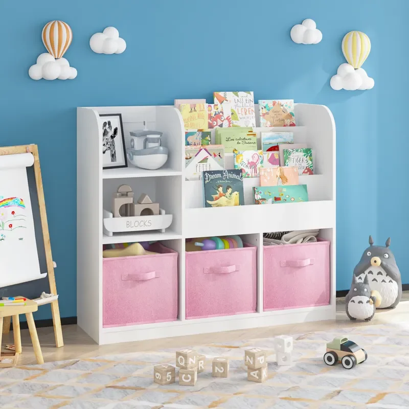 Children's bookcases and shelves, multi-function bookcases with 3 foldable cloth drawers, toy storage box