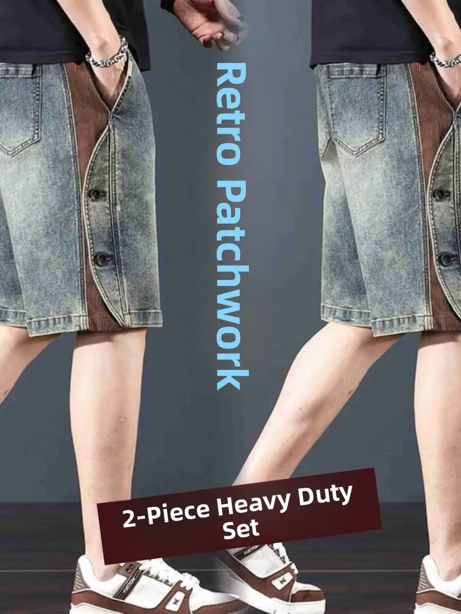 American Retro Men's Denim Shorts Casual Patchwork Five-Point Pants Loose Fit Summer New Style Heavy Washed Mid-Calf Length