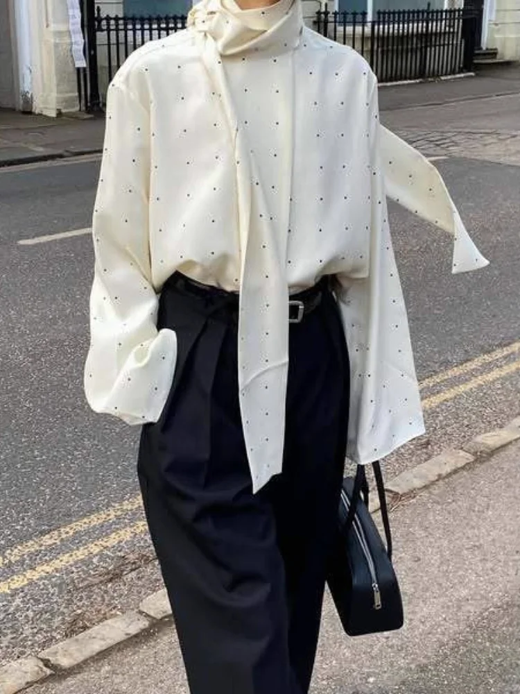 وشاح من الساتان الرقبة البولكا نقطة الطباعة المرأة بلوزة موضة كم كامل فضفاض الأساسية قميص سيدة الخريف جديد Highstreet تخفيف ارتداء #6