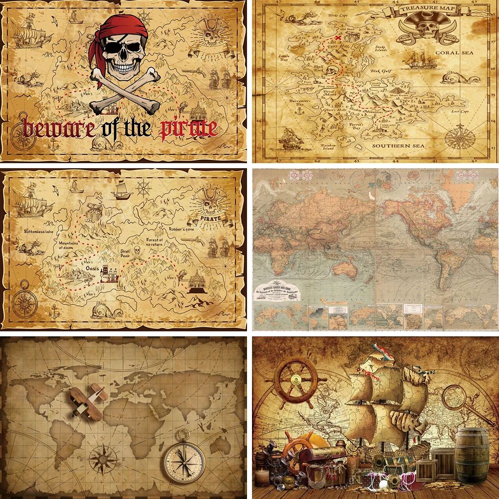 Vintage Treasure Hunt Map Backdrop Adventure Pirate Theme Party Birthday Photography Background Photo Time Photo Studio Props