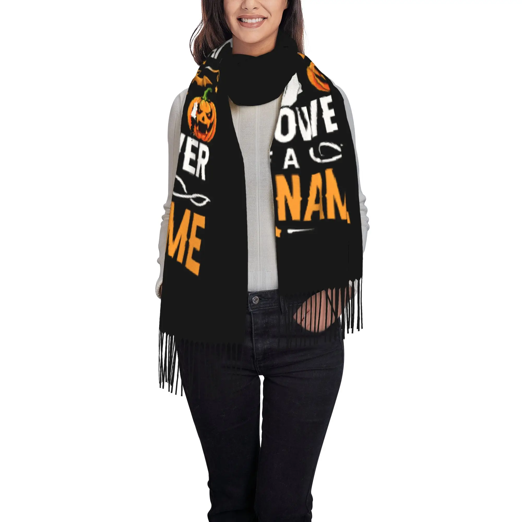 Custom Name Halloween Scarves Winter Fall Soft Warm Tassel Shawl Wrap Never Underestimate The Power Of Ghost Pumpkin Bat Scarf