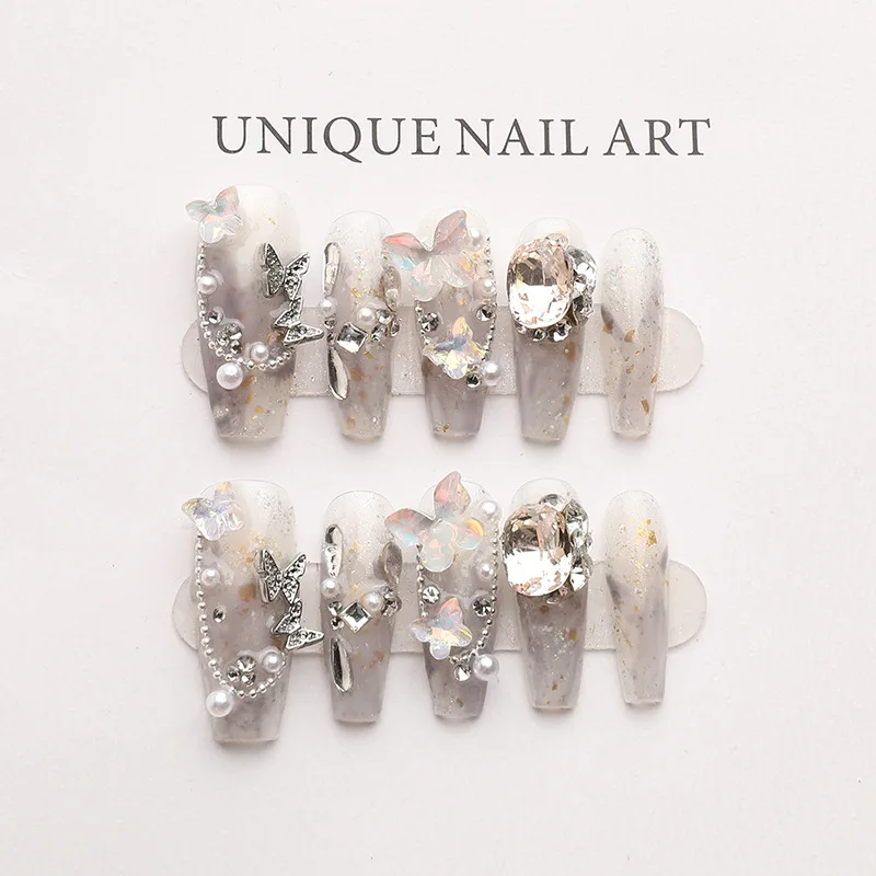 Luxurious Clear Press On Nails with Large Rhinestones and Pearl Decorations Handmade Reusable Nail Tips for Weddings and Ballet