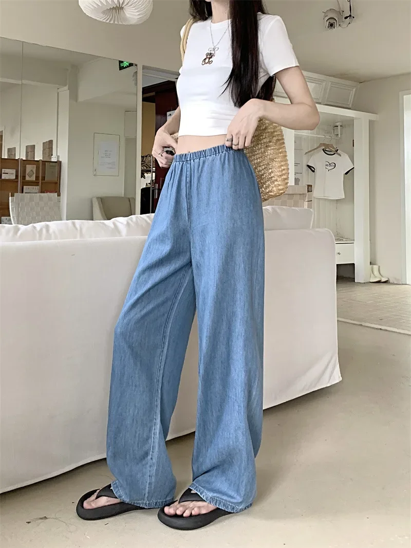 

Korean Style High Waist Wide Leg Thin Ice Silk Jeans Women Summer Loose Fit Large Size Straight Pants Streetwear Women Y2k