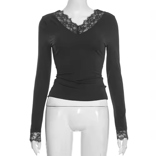 Tornova V neck Lace T shirt Top Women Sexy Navel Exposed Pullover Fashion Splice Hot Girl Club Party Top Autumn New Lady T shirt - Image 11