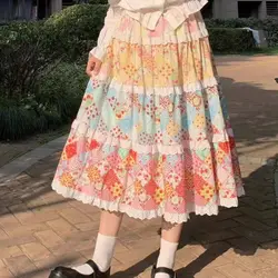 Kawaii Colorful Retro Cute Lace Edge Long Skirt Summer Y2K Harajuku Style Sweet Girls High Waist A-Line Loose Skirts for Women