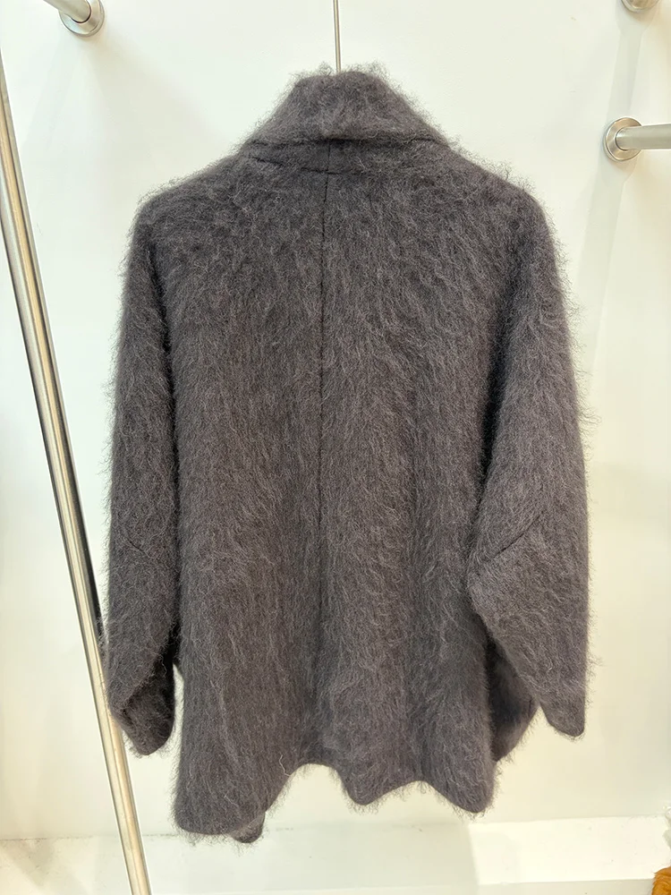 Women Loose Fluffy Wool Coat One Size Notched Lapel Handmade Casual Winter Woolen Overcoat