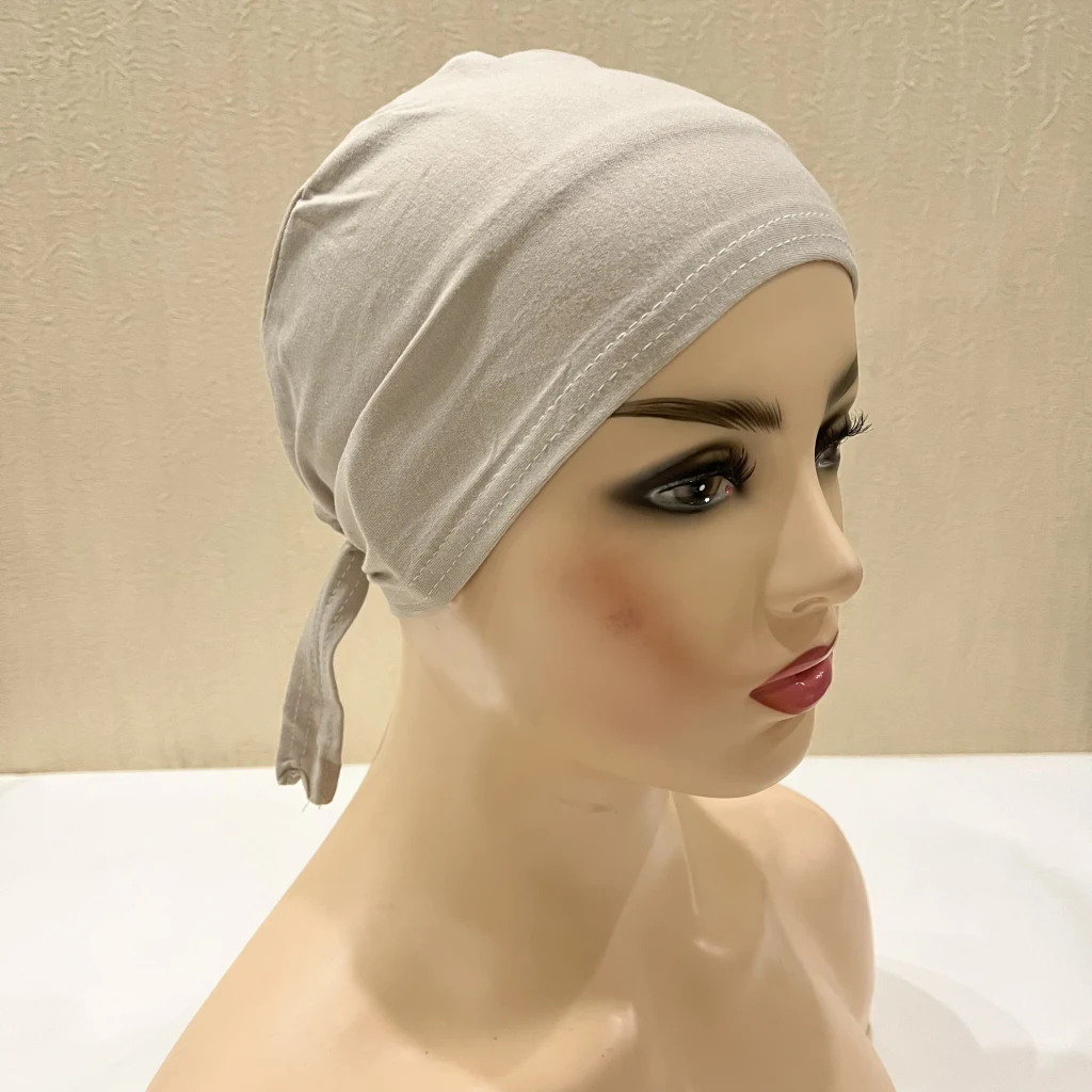 H048 Plain Cotton Tie Back Hats Muslim Turban Pure Color Stretch Inner Hijabs Underscarf Women Head Scarf Under Hijab Bonnet
