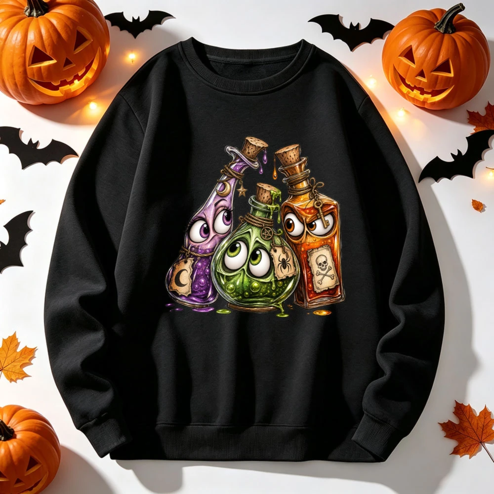 Halloween Cute Cartoon Potion Bottles with Eyes Skull Spider Moon Magic Witch Graphic Pullover Casual Spooky Season Sweatshirts