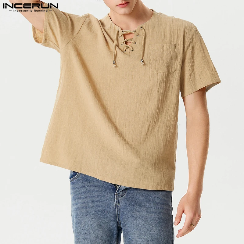 

Men Shirt Cotton V Neck Short Sleeve Solid Color Lace Up Streetwear Casual Men Clothing 2026 Vintage Leisure Camisas 5XL INCERUN