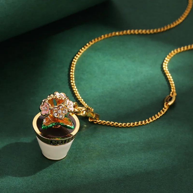 Bracelet Hand String Three-Dimensional Exquisite Enamel Glaze Can Be Opened Flowerpot Pendant High-Grade Pink Flower Bag Hanging