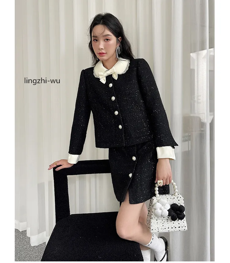 lingzhi-wu Women Tweed Set 2024 Autun Black Blazer Skirt Suit Sequins Black White Contrast Color Short Outerwear Skirts Twinset