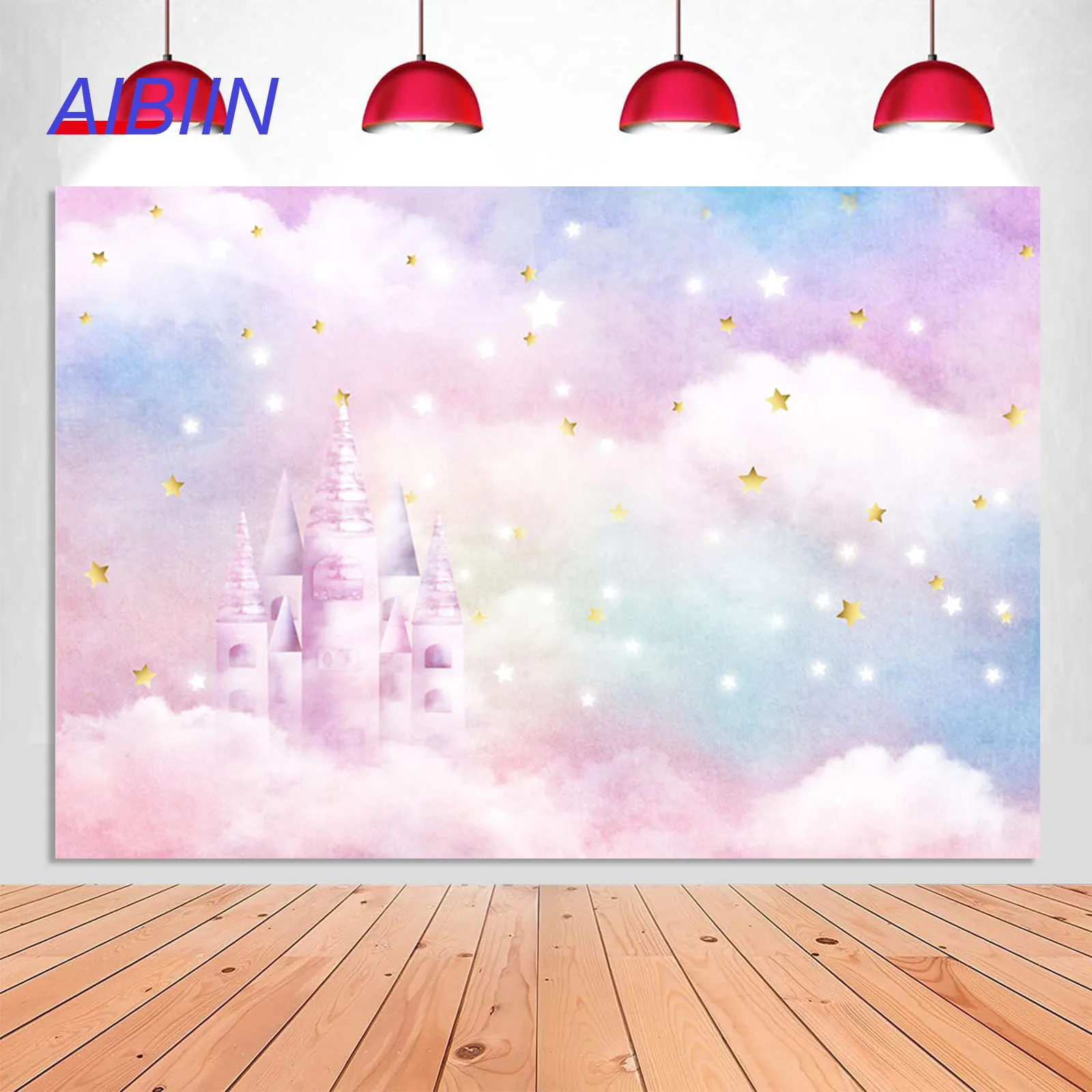 

Pastel Rainbow Watercolor Style Photography Background Gold Stars Clouds Castle Princess Magical Girl Happy Birthday Party Decor