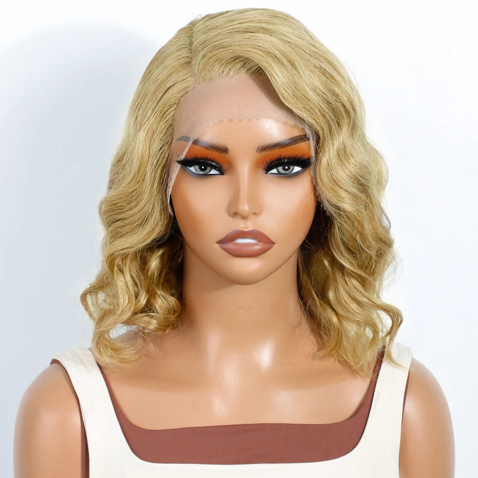 Eleganckie, krótkie peruki bob z włosów naturalnych dla kobiet, blond peruki typu lace front, brązowe peruki typu bodywave z koronką, peruka w kolorze 99J czerwonej.