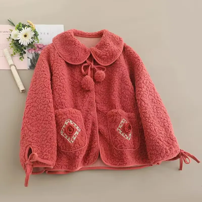 

Winter Fleece Sweet Lace Loose Coat Women Goblincore Mori Girl Autumn Vintage Korean Lolita Kawaii Jackets
