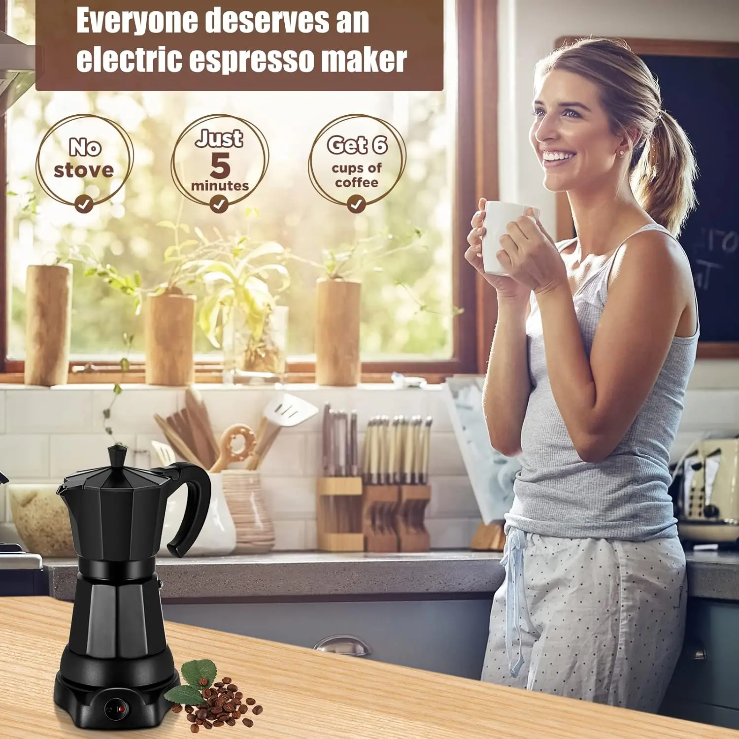 Electric Moka Pot Coffee Maker Electric Coffee Maker 6 Cups Portable Aluminum Electric Moka Pot with Removable Base