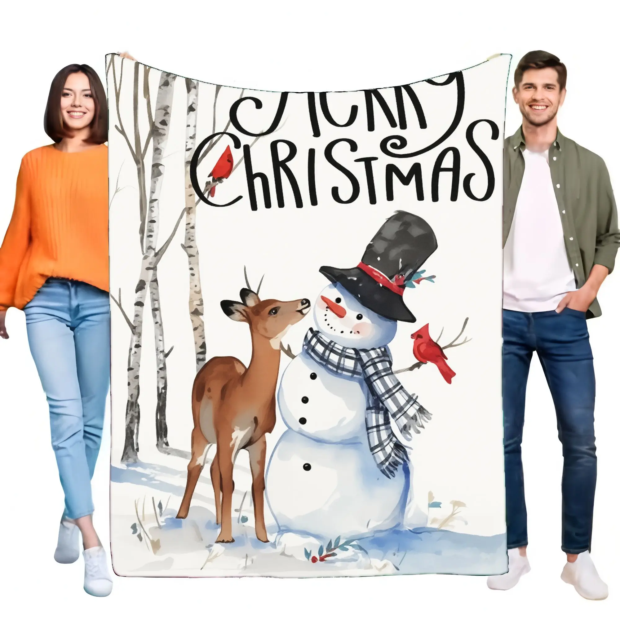 Skurrile Weihnachtsdecke mit Schneemann und Hirsch, festlicher Feiertagsüberwurf mit Frohe Weihnachten-Design, weiche, gemütliche Decke pro