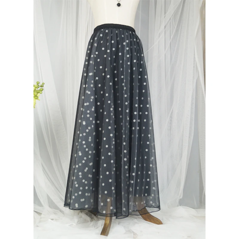 Polka Dot Mesh Skirt Mid-Length Bohemian Bottoming Women's Black White