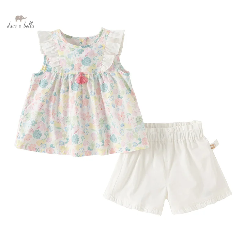 Dave Bella 2024 New Summer Children Girls Baby Two-Piece Floral Print Shorts Set Flying Sleeves Sweet Lovely Casual DB2240794