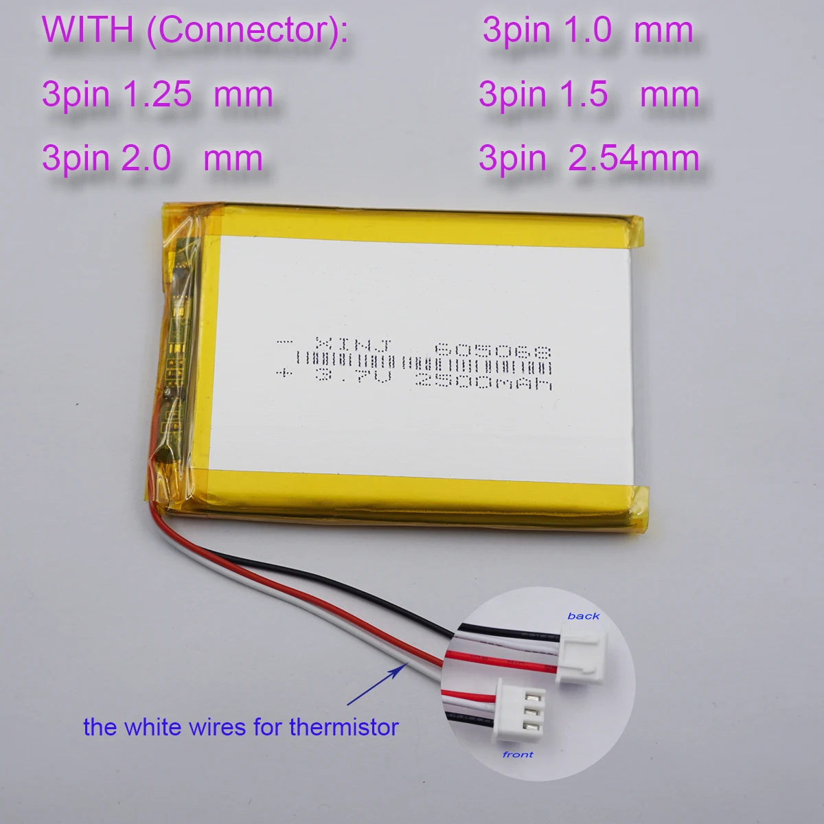 3.7V 2500mAh 9.25Wh 3-Wires Thermistor Li-Polymer Li Lithium Battery 605068 Lipo JST 3Pin Connector For Car Camera Tablet PC