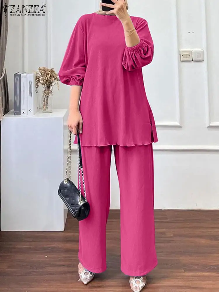 

ZANZEA Fashion Eid Mubarek Muslim Suit Long Sleeve Blouse Loose Trousers 2PCS Woman Casual Islamic Clothing Elegant OL Tracksuit