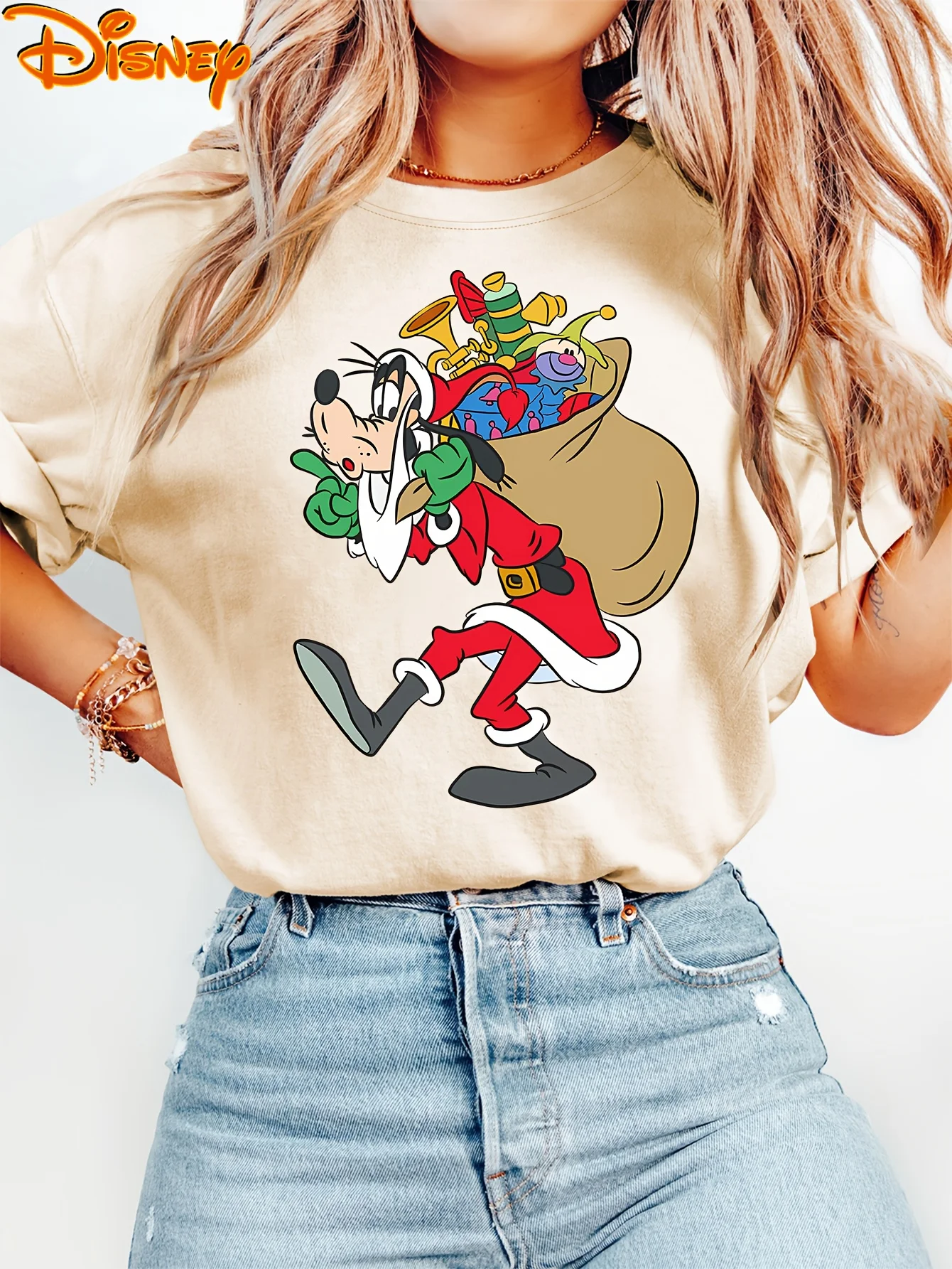 

Женская рождественская футболка Goofy As Santa Goof & Donald Duck, мужская хлопковая футболка с круглым вырезом, повседневные уличные топы большого размера с короткими рукавами