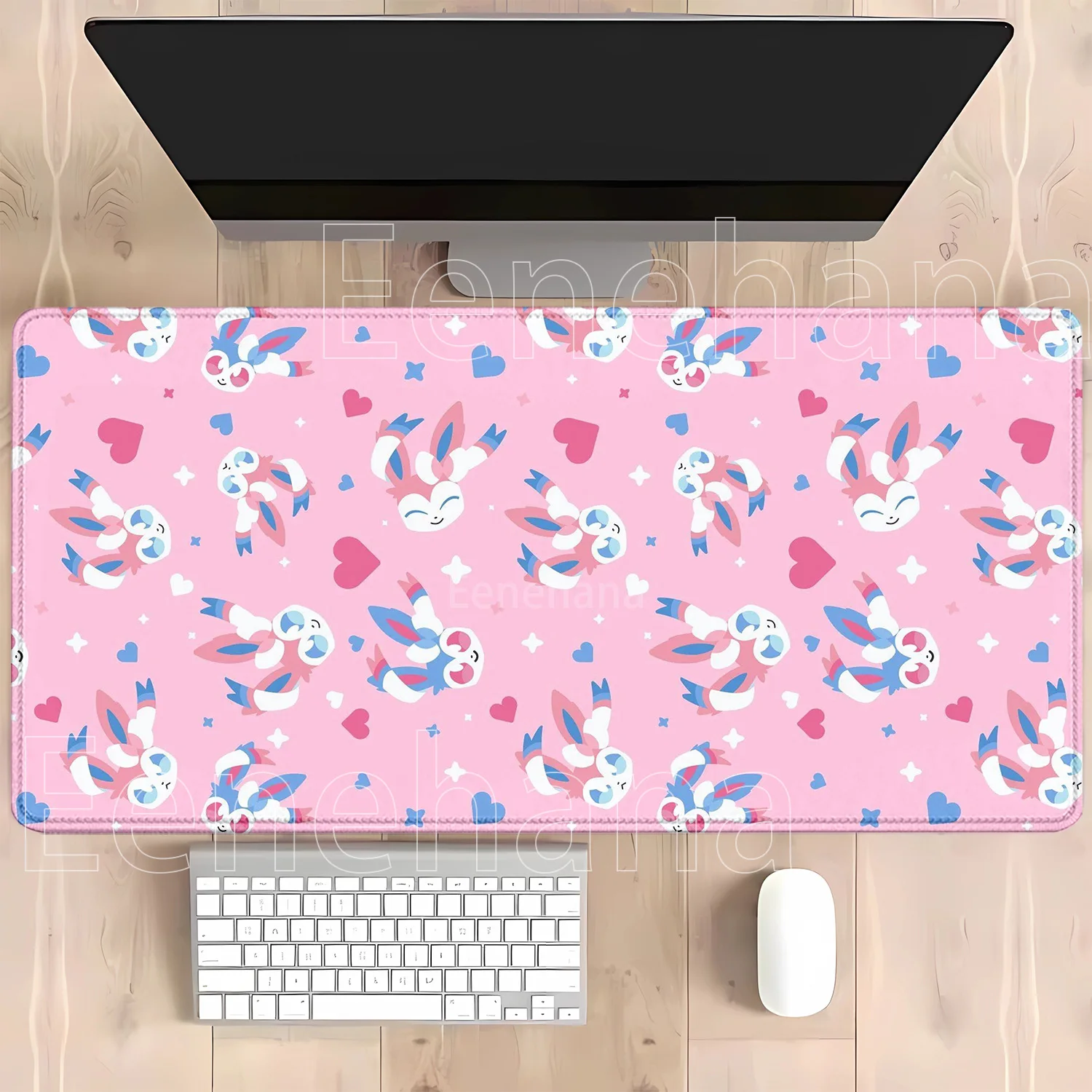 Anime Eevee Pokemon Gaming-Mauspad Kawaii XXL PC-Tastatur-Overlock-Teppich Bürozubehör Gummi HD-Druck Overlock-Schreibtischunterlage