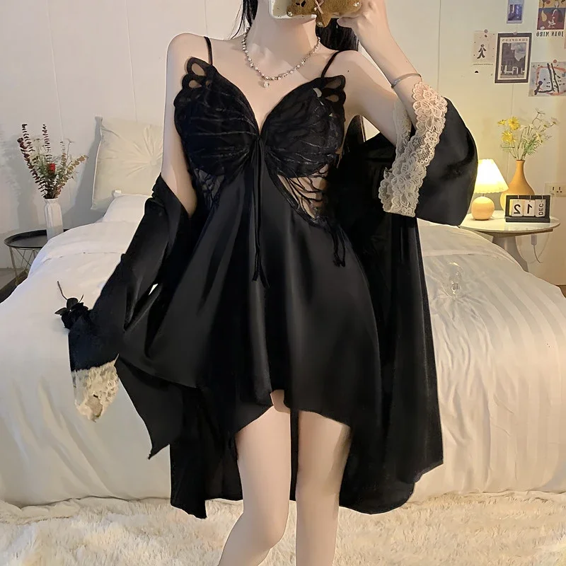 Sexy Noble Elegant Black Women\'s 2pc Nightgown Butterfly Aesthetics Romantic Halter Nightskirt 2024 New Summer Lounges with Bra