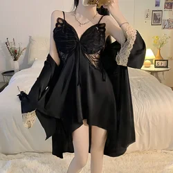 Sexy Noble Elegant Black Women's 2pc Nightgown Butterfly Aesthetics Romantic Halter Nightskirt 2024 New Summer Lounges with Bra